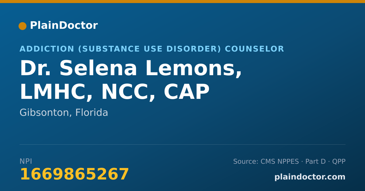 Shareable card for Selena Lemons, LMHC, NCC, CAP - Addiction (Substance Use Disorder) Counselor, Gibsonton, FL
