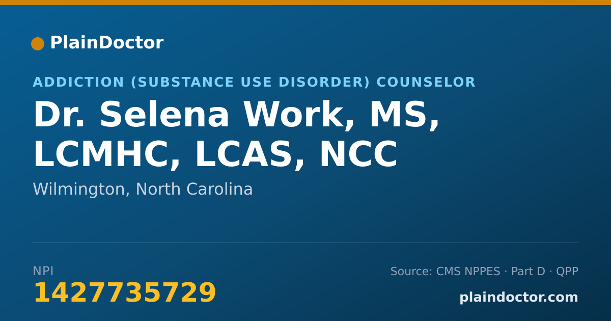 Shareable card for Selena Work, MS, LCMHC, LCAS, NCC - Addiction (Substance Use Disorder) Counselor, Wilmington, NC