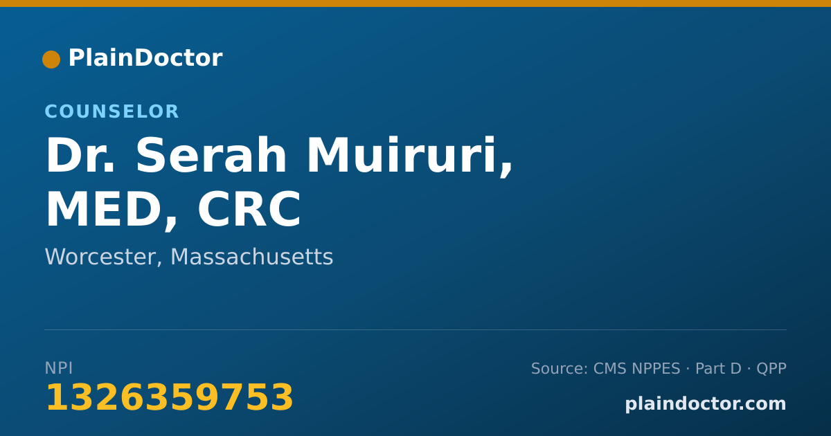 Shareable card for Serah Muiruri, MED, CRC - Counselor, Worcester, MA