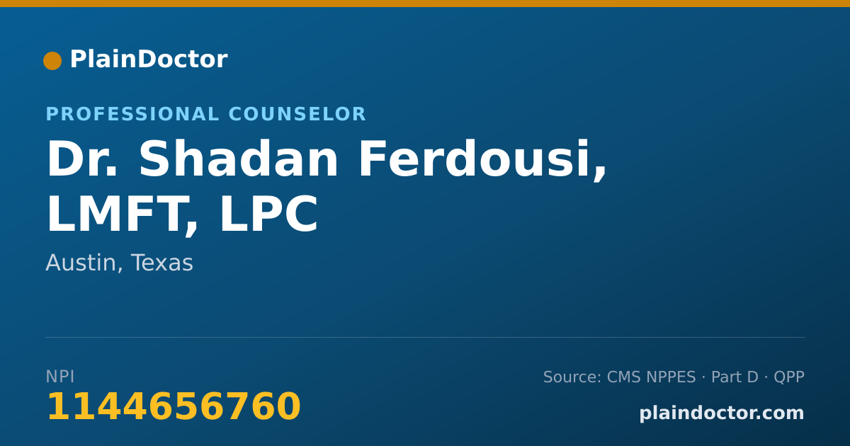 Shareable card for Shadan Ferdousi, LMFT, LPC - Professional Counselor, Austin, TX