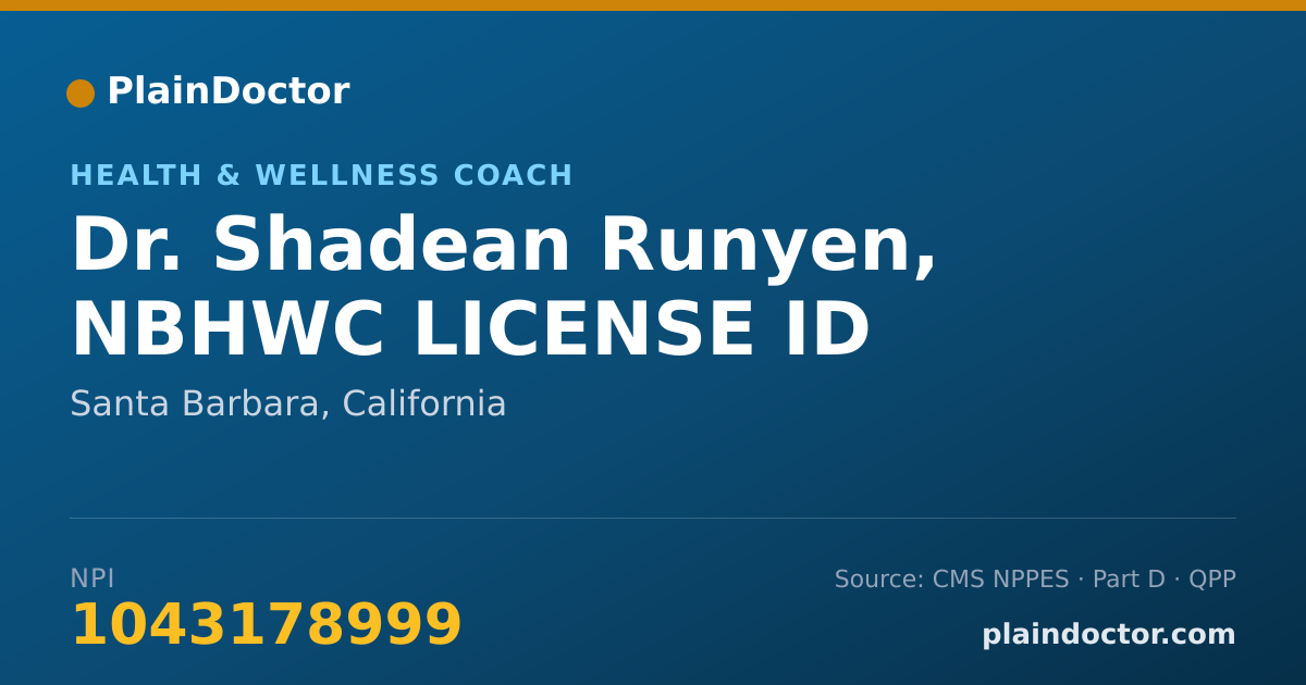 Shareable card for Shadean Runyen, NBHWC LICENSE ID - Health & Wellness Coach, Santa Barbara, CA