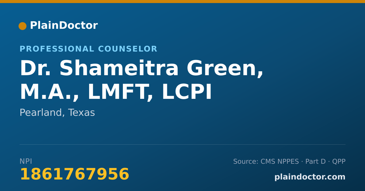 Shareable card for Shameitra Green, M.A., LMFT, LCPI - Professional Counselor, Pearland, TX