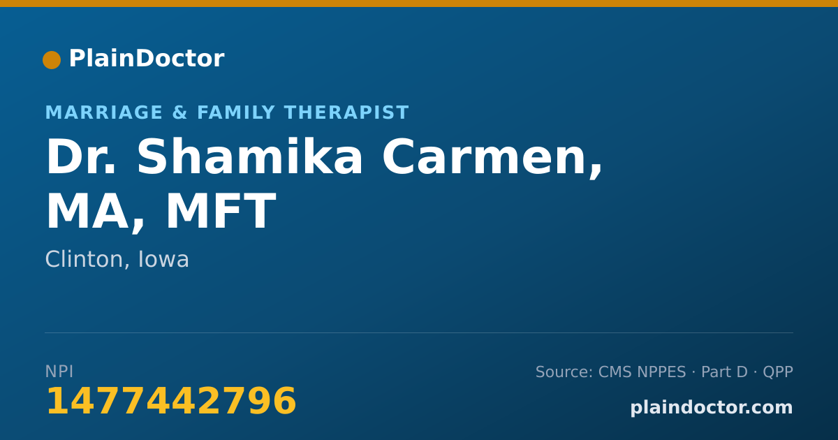 Shareable card for Shamika Carmen, MA, MFT - Marriage & Family Therapist, Clinton, IA