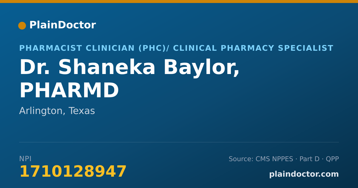Shareable card for Shaneka Baylor, PHARMD - Pharmacist Clinician (PhC)/ Clinical Pharmacy Specialist, Arlington, TX