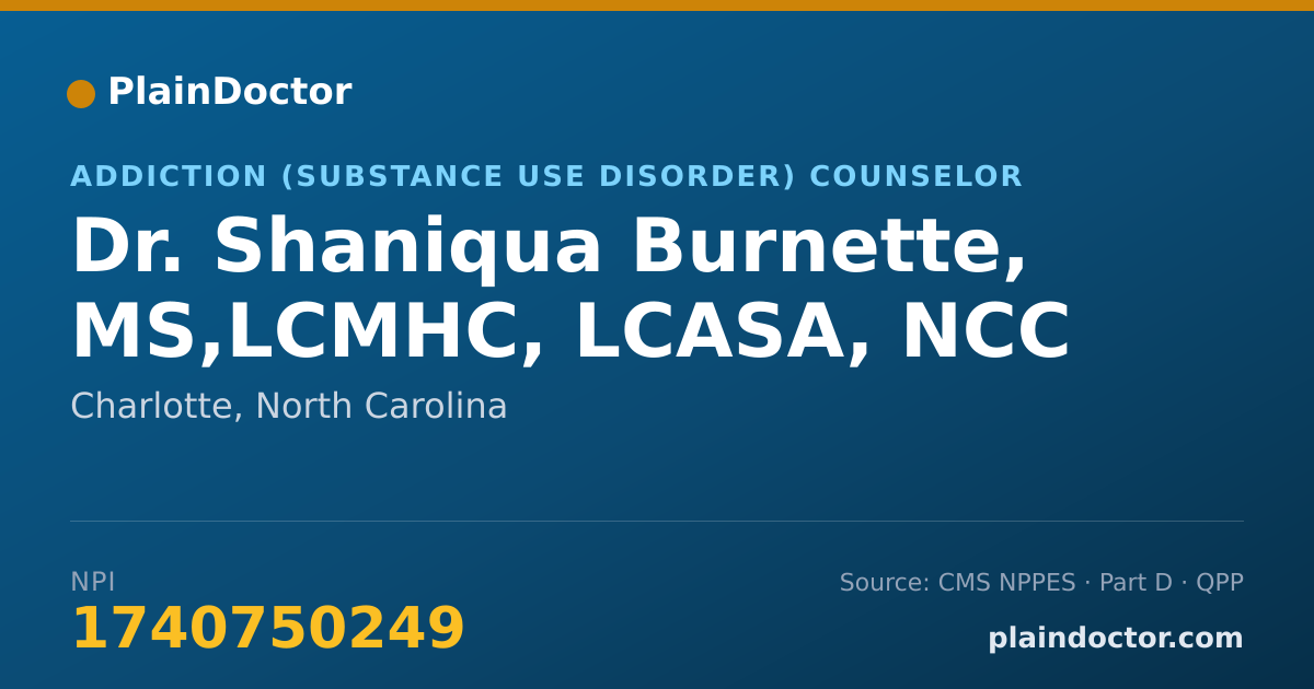 Shareable card for Shaniqua Burnette, MS,LCMHC, LCASA, NCC - Addiction (Substance Use Disorder) Counselor, Charlotte, NC