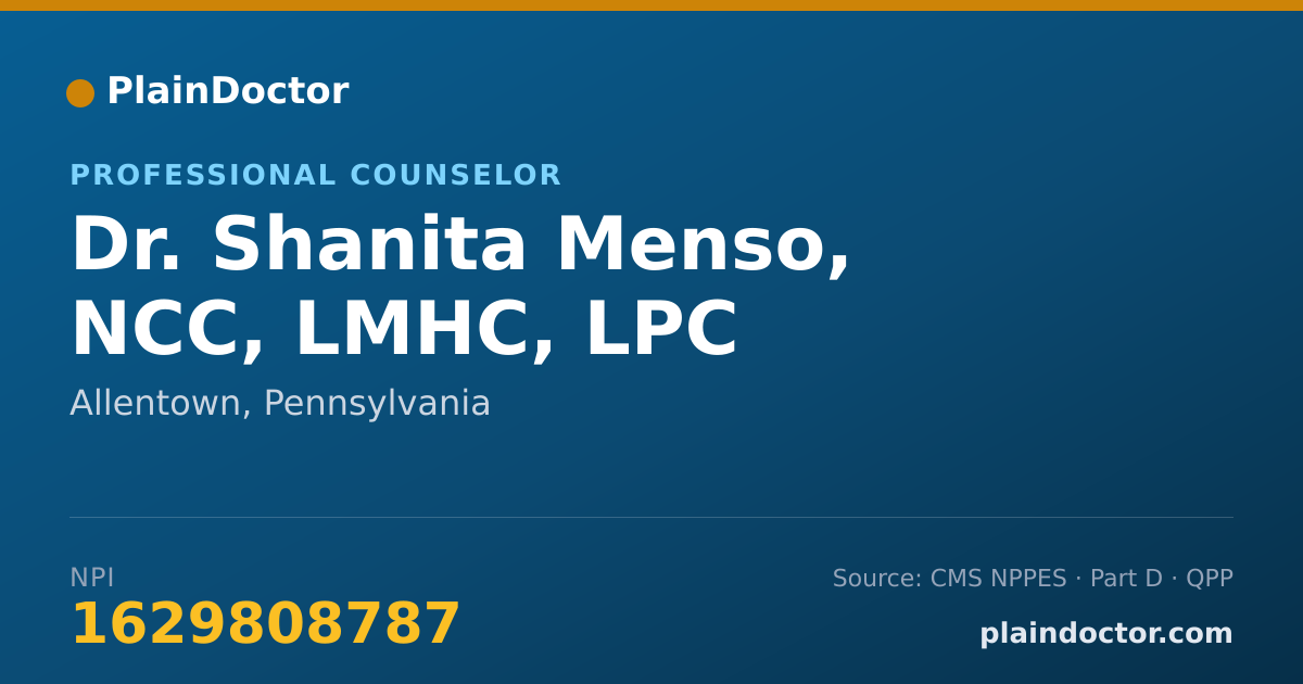 Shareable card for Shanita Menso, NCC, LMHC, LPC - Professional Counselor, Allentown, PA