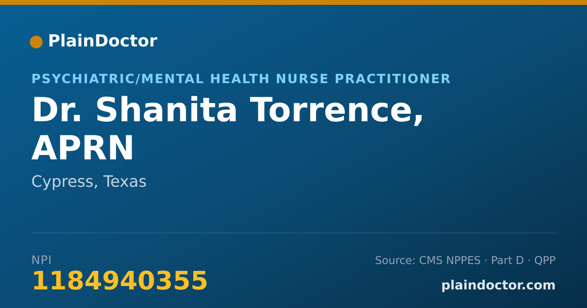 Shareable card for Shanita Torrence, APRN - Psychiatric/Mental Health Nurse Practitioner, Cypress, TX