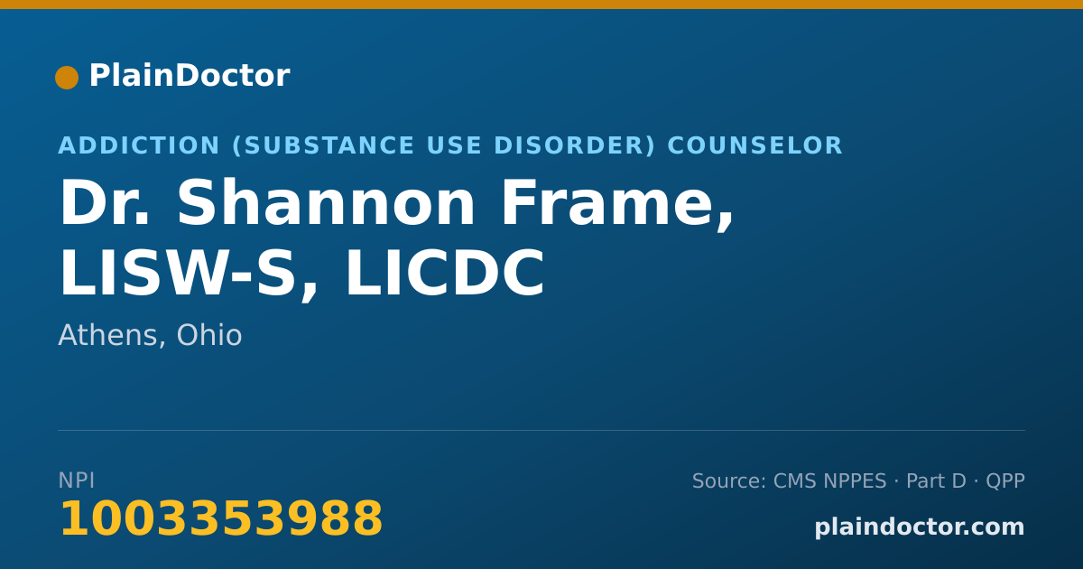 Shareable card for Shannon Frame, LISW-S, LICDC - Addiction (Substance Use Disorder) Counselor, Athens, OH