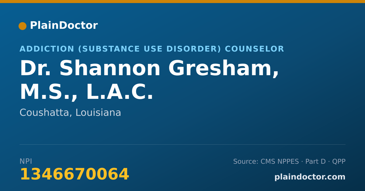 Shareable card for Shannon Gresham, M.S., L.A.C. - Addiction (Substance Use Disorder) Counselor, Coushatta, LA