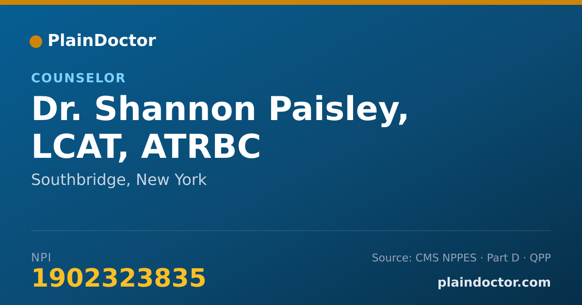 Shareable card for Shannon Paisley, LCAT, ATRBC - Counselor, Southbridge, NY