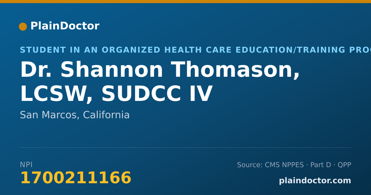 Shareable card for Shannon Thomason, LCSW, SUDCC IV - Student in an Organized Health Care Education/Training Program, San Marcos, CA