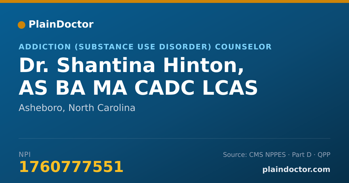 Shareable card for Shantina Hinton, AS BA MA CADC LCAS - Addiction (Substance Use Disorder) Counselor, Asheboro, NC