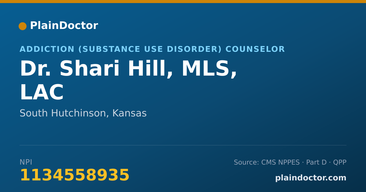 Shareable card for Shari Hill, MLS, LAC - Addiction (Substance Use Disorder) Counselor, South Hutchinson, KS