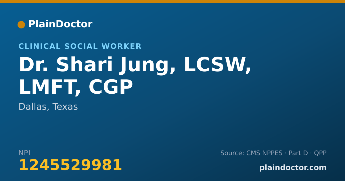 Shareable card for Shari Jung, LCSW, LMFT, CGP - Clinical Social Worker, Dallas, TX