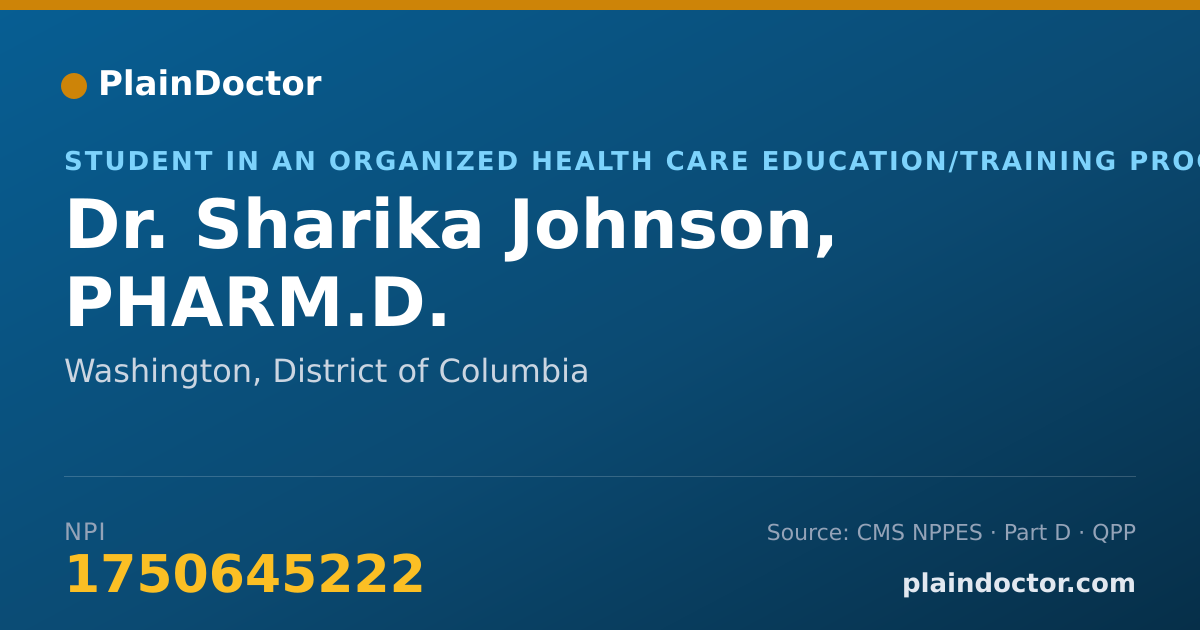 Shareable card for Sharika Johnson, PHARM.D. - Student in an Organized Health Care Education/Training Program, Washington, DC