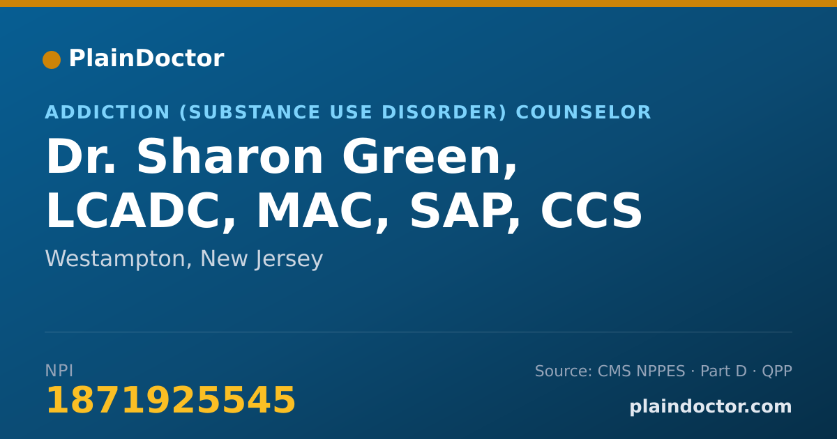 Shareable card for Sharon Green, LCADC, MAC, SAP, CCS - Addiction (Substance Use Disorder) Counselor, Westampton, NJ