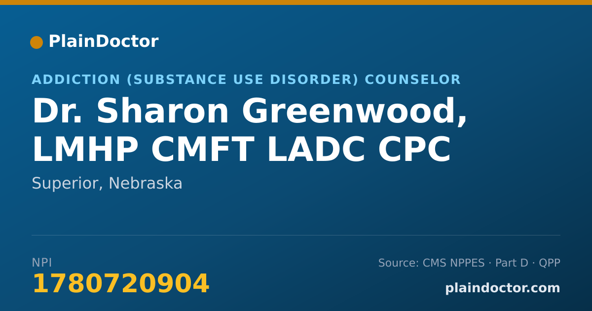 Shareable card for Sharon Greenwood, LMHP CMFT LADC CPC - Addiction (Substance Use Disorder) Counselor, Superior, NE