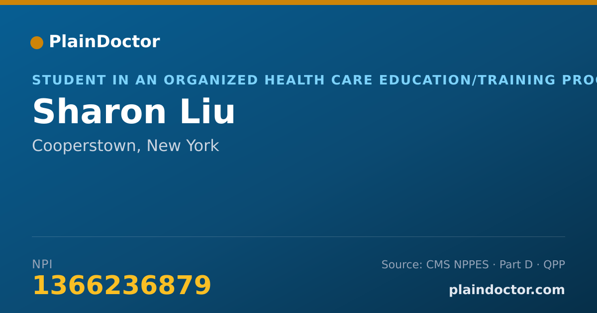 Shareable card for Sharon Liu - Student in an Organized Health Care Education/Training Program, Cooperstown, NY