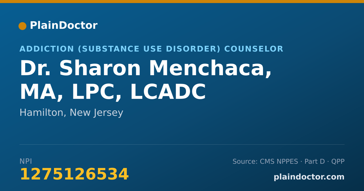 Shareable card for Sharon Menchaca, MA, LPC, LCADC - Addiction (Substance Use Disorder) Counselor, Hamilton, NJ