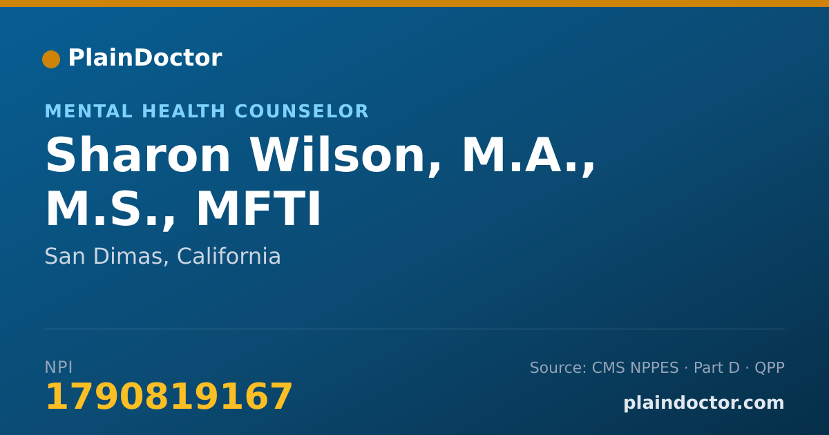 Shareable card for Sharon Wilson, M.A., M.S., MFTI - Mental Health Counselor, San Dimas, CA