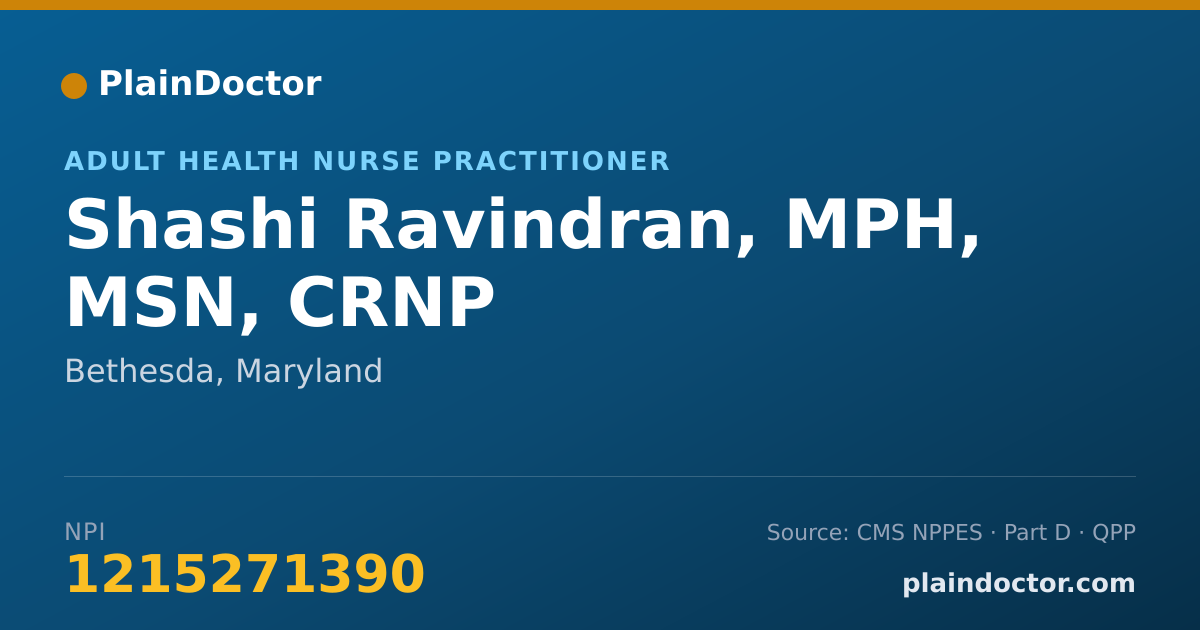 Shareable card for Shashi Ravindran, MPH, MSN, CRNP - Adult Health Nurse Practitioner, Bethesda, MD