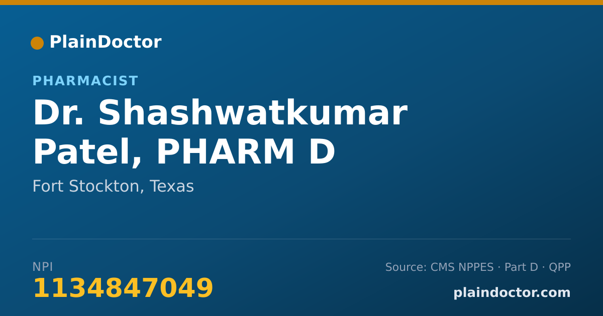 Shareable card for Shashwatkumar Patel, PHARM D - Pharmacist, Fort Stockton, TX