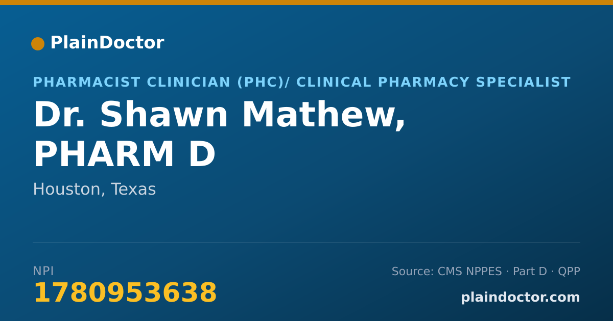 Shareable card for Shawn Mathew, PHARM D - Pharmacist Clinician (PhC)/ Clinical Pharmacy Specialist, Houston, TX