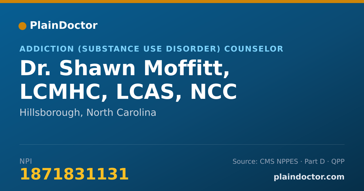 Shareable card for Shawn Moffitt, LCMHC, LCAS, NCC - Addiction (Substance Use Disorder) Counselor, Hillsborough, NC