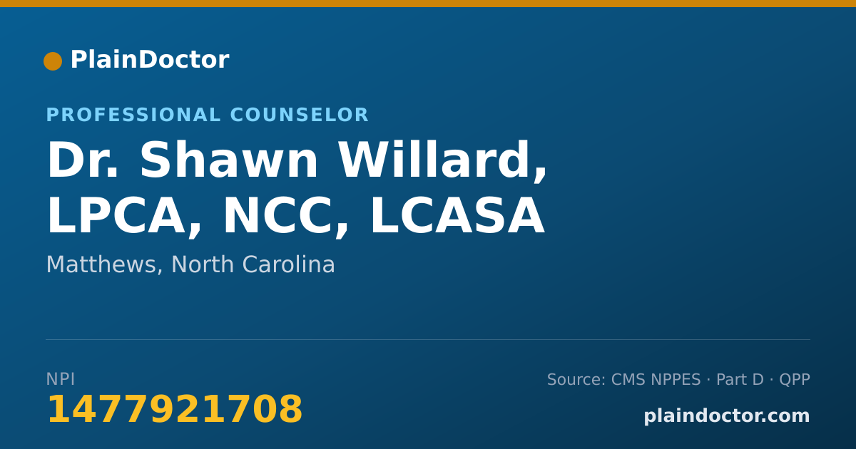 Shareable card for Shawn Willard, LPCA, NCC, LCASA - Professional Counselor, Matthews, NC