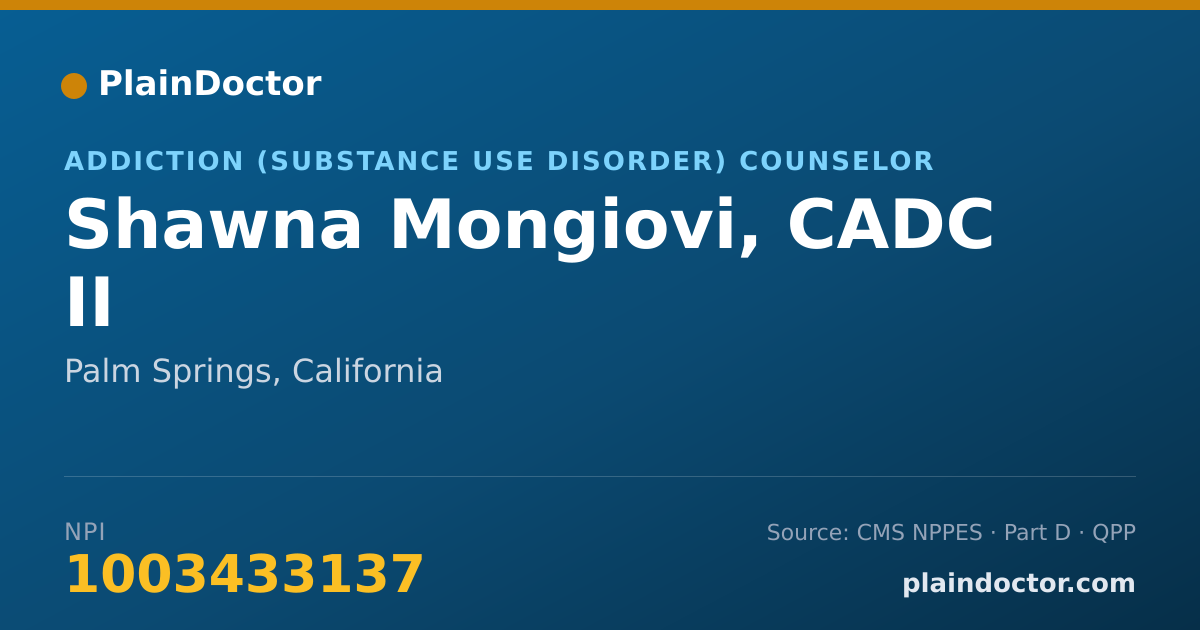 Shareable card for Shawna Mongiovi, CADC II - Addiction (Substance Use Disorder) Counselor, Palm Springs, CA