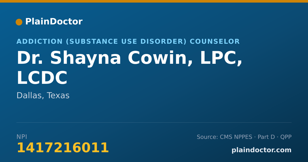 Shareable card for Shayna Cowin, LPC, LCDC - Addiction (Substance Use Disorder) Counselor, Dallas, TX