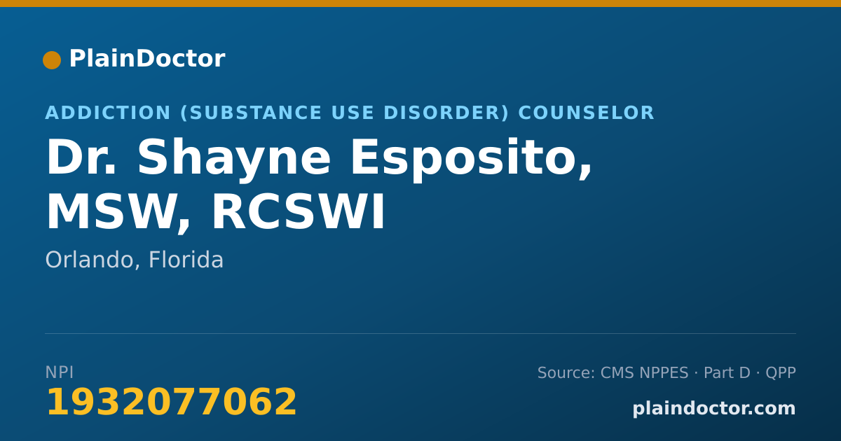 Shareable card for Shayne Esposito, MSW, RCSWI - Addiction (Substance Use Disorder) Counselor, Orlando, FL
