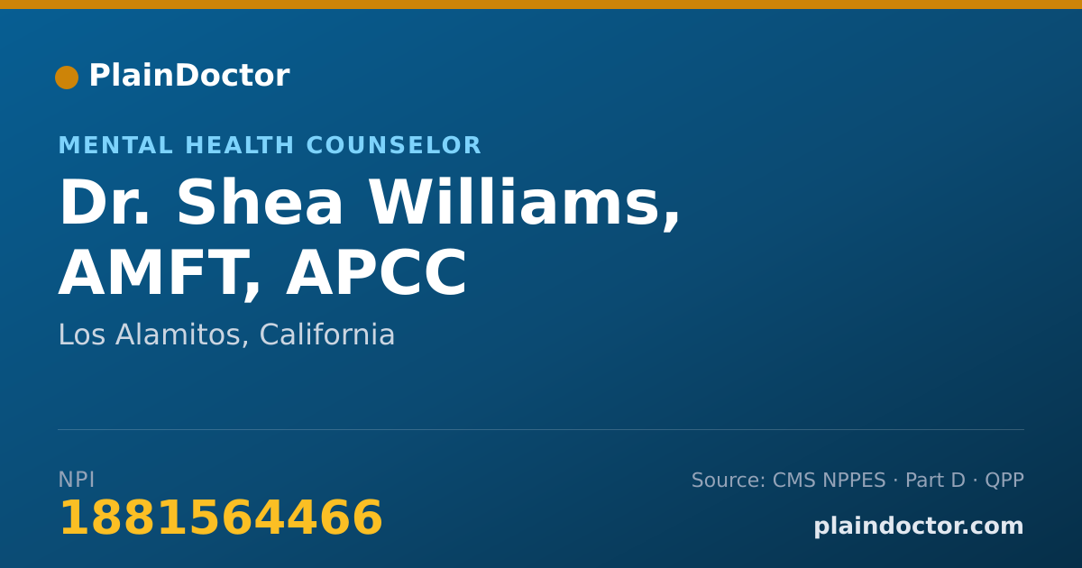 Shareable card for Shea Williams, AMFT, APCC - Mental Health Counselor, Los Alamitos, CA