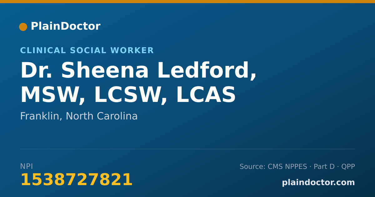 Shareable card for Sheena Ledford, MSW, LCSW, LCAS - Clinical Social Worker, Franklin, NC