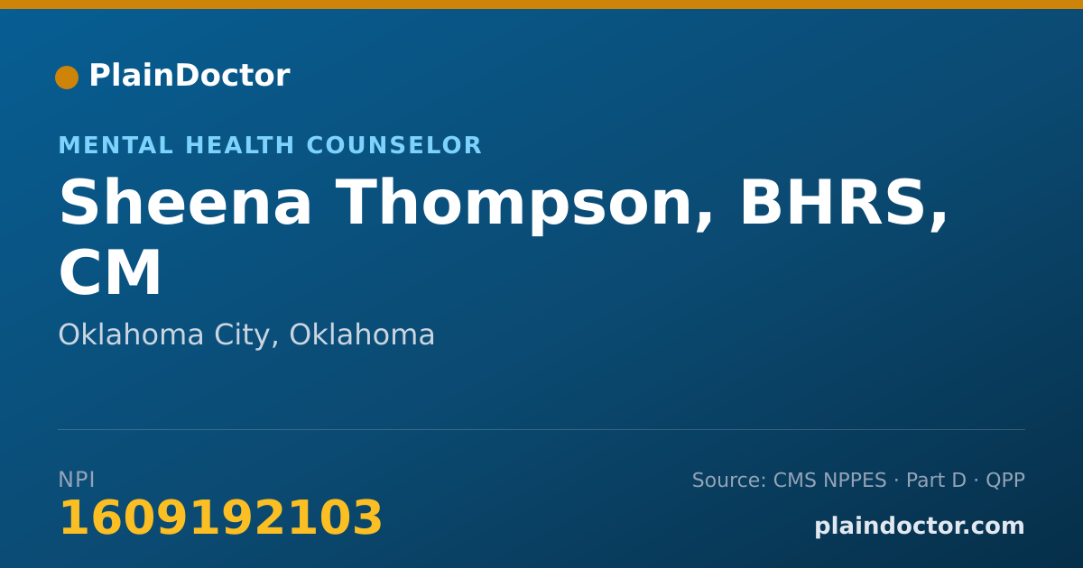 Shareable card for Sheena Thompson, BHRS, CM - Mental Health Counselor, Oklahoma City, OK