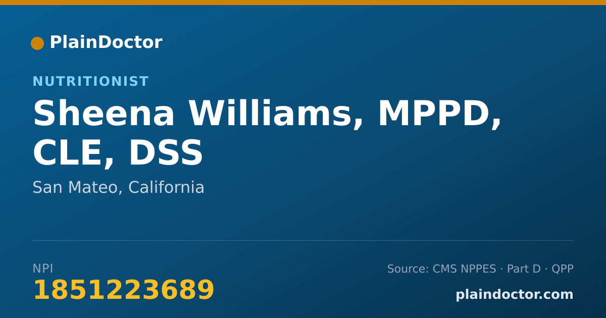 Shareable card for Sheena Williams, MPPD, CLE, DSS - Nutritionist, San Mateo, CA