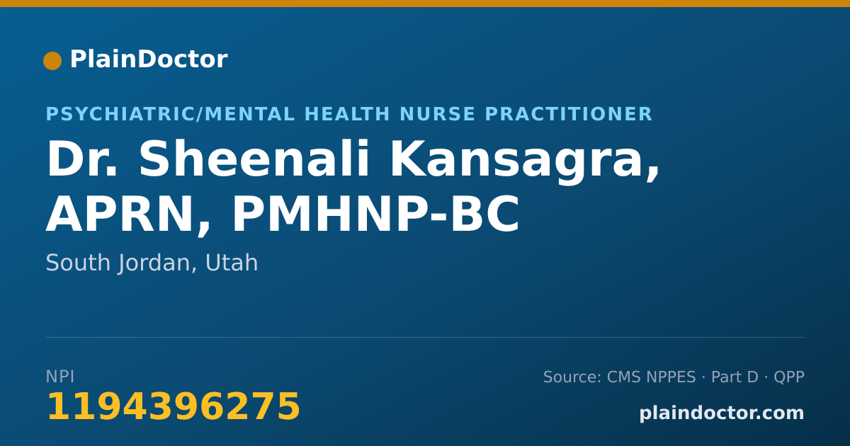 Shareable card for Sheenali Kansagra, APRN, PMHNP-BC - Psychiatric/Mental Health Nurse Practitioner, South Jordan, UT