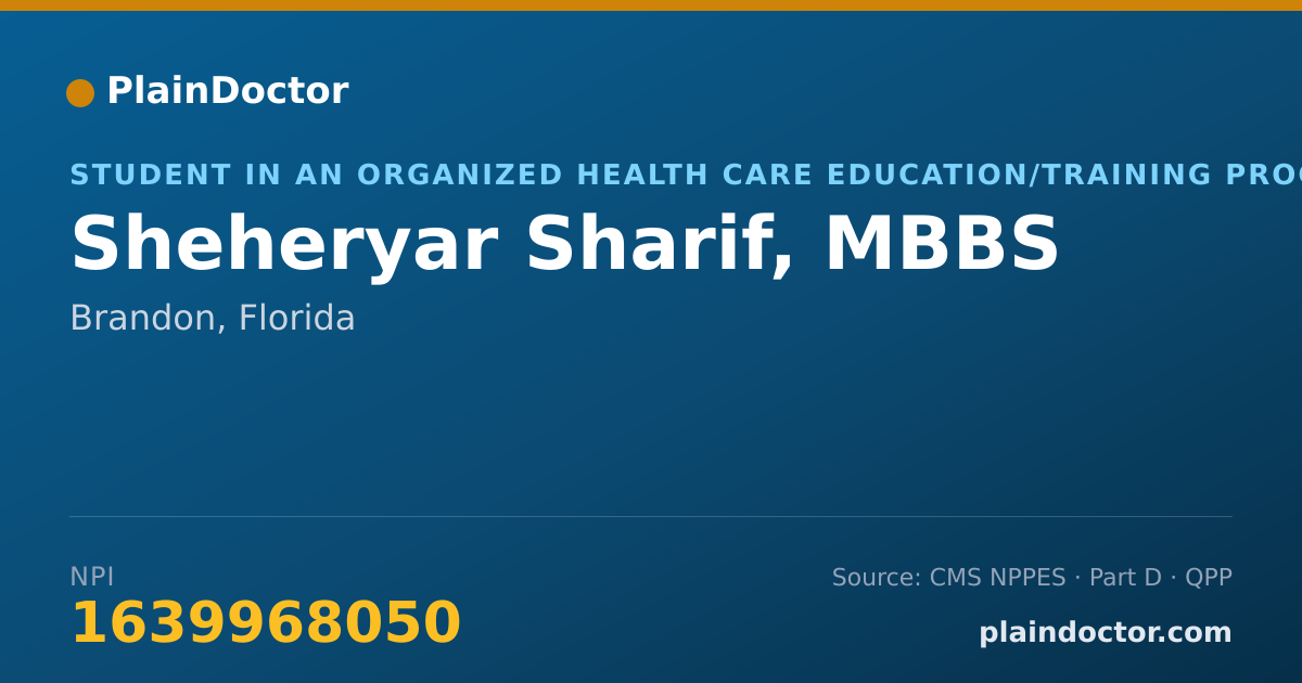 Shareable card for Sheheryar Sharif, MBBS - Student in an Organized Health Care Education/Training Program, Brandon, FL