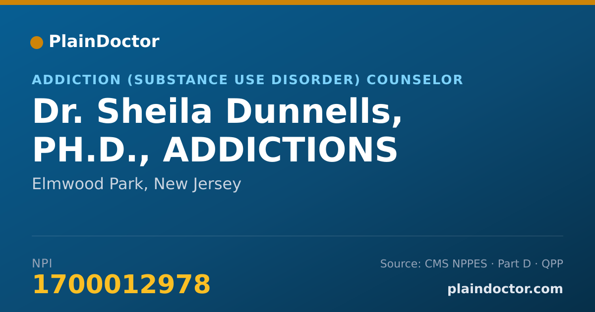 Shareable card for Sheila Dunnells, PH.D., ADDICTIONS - Addiction (Substance Use Disorder) Counselor, Elmwood Park, NJ