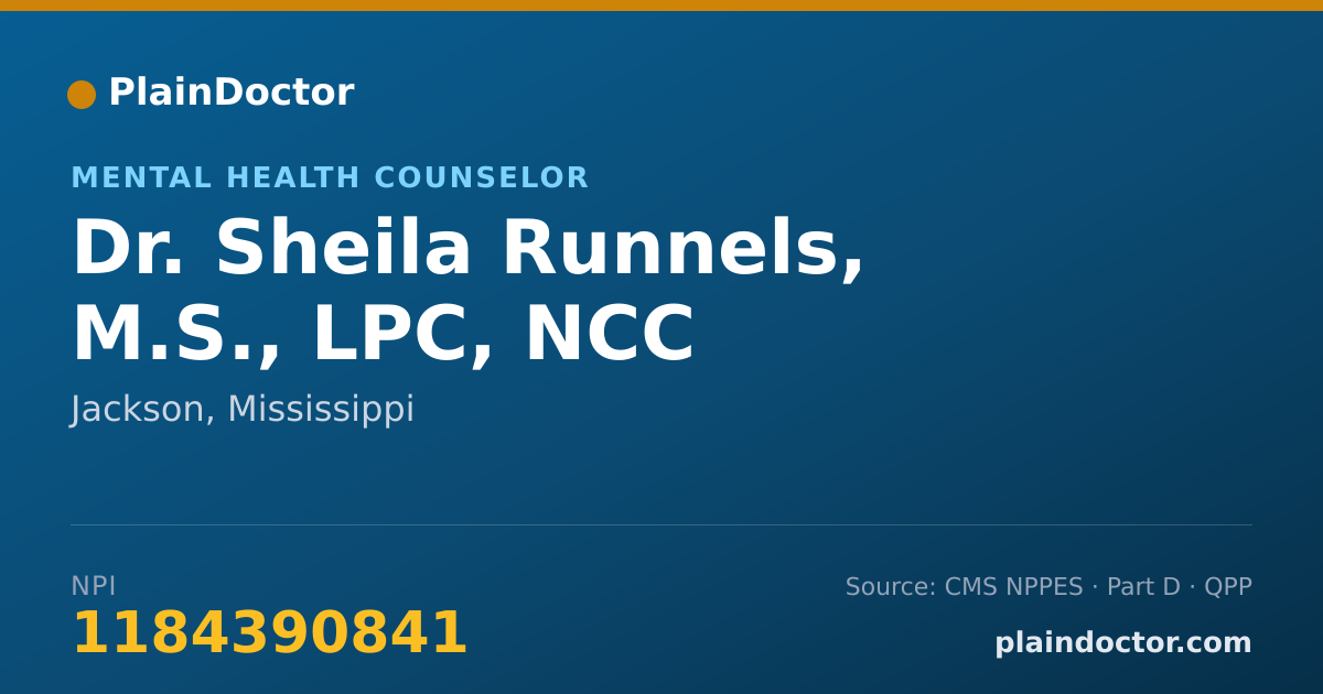 Shareable card for Sheila Runnels, M.S., LPC, NCC - Mental Health Counselor, Jackson, MS