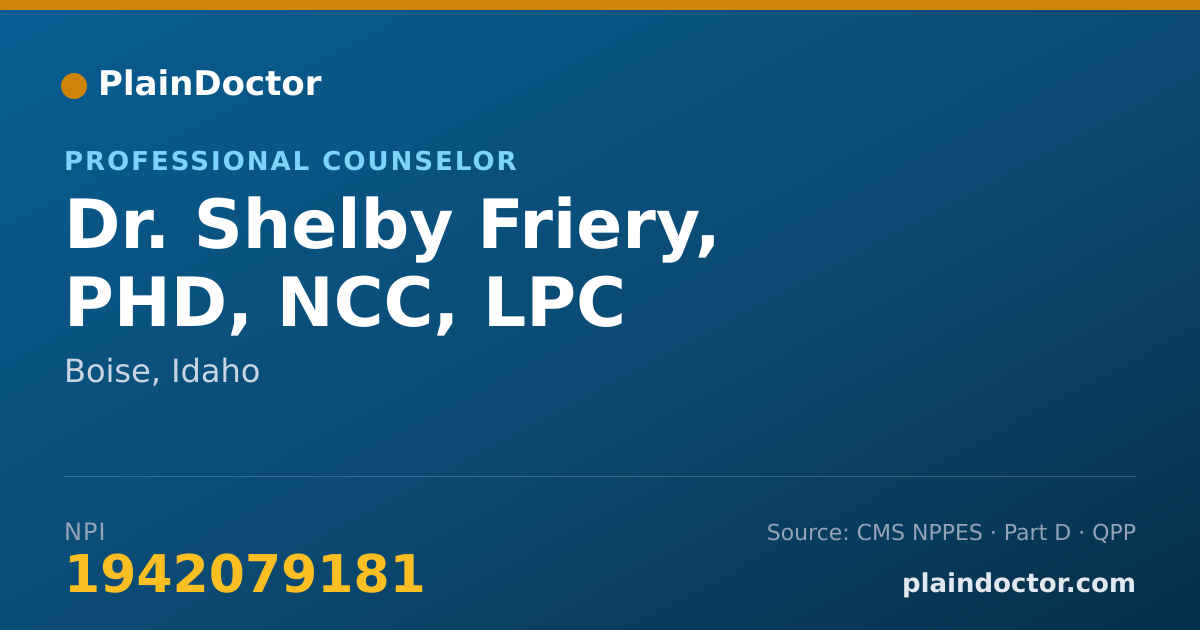 Shareable card for Shelby Friery, PHD, NCC, LPC - Professional Counselor, Boise, ID