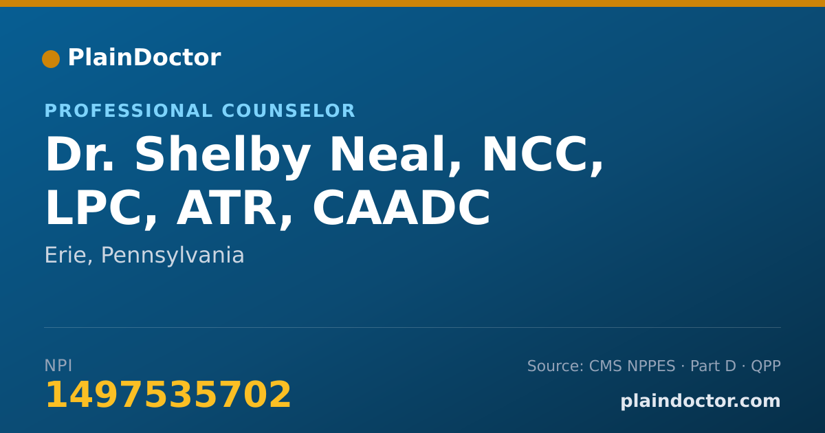 Shareable card for Shelby Neal, NCC, LPC, ATR, CAADC - Professional Counselor, Erie, PA