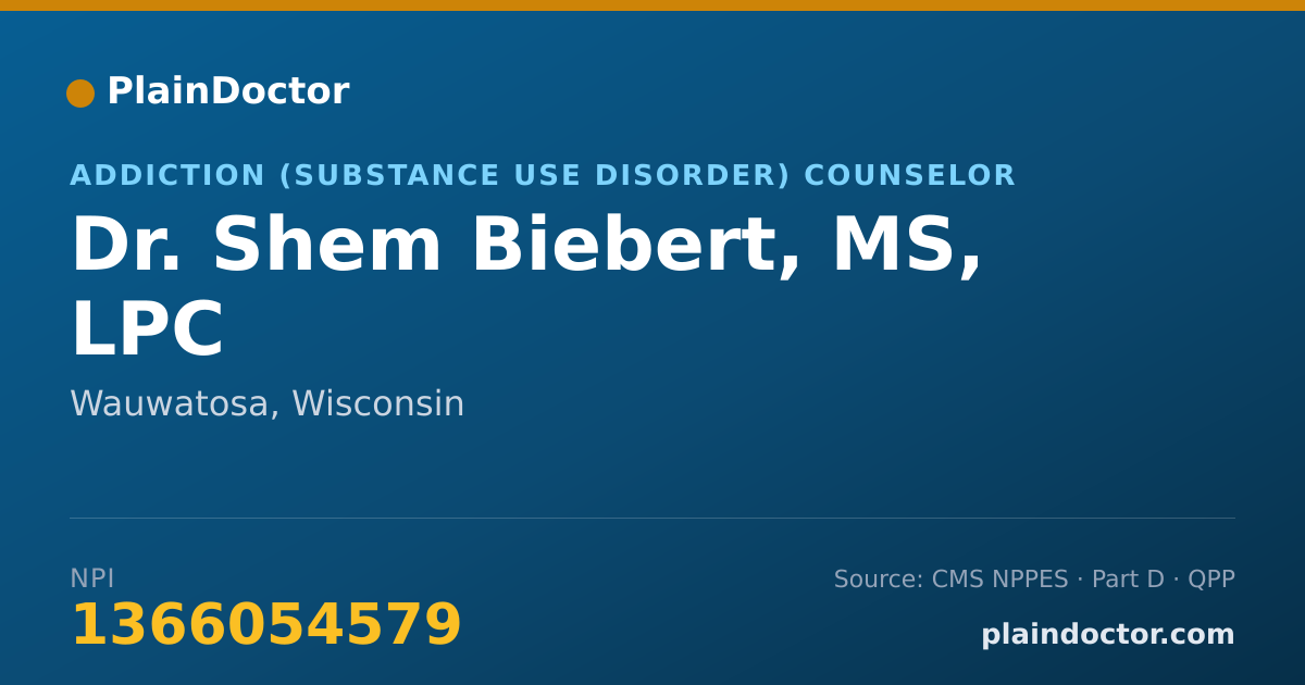 Shareable card for Shem Biebert, MS, LPC - Addiction (Substance Use Disorder) Counselor, Wauwatosa, WI
