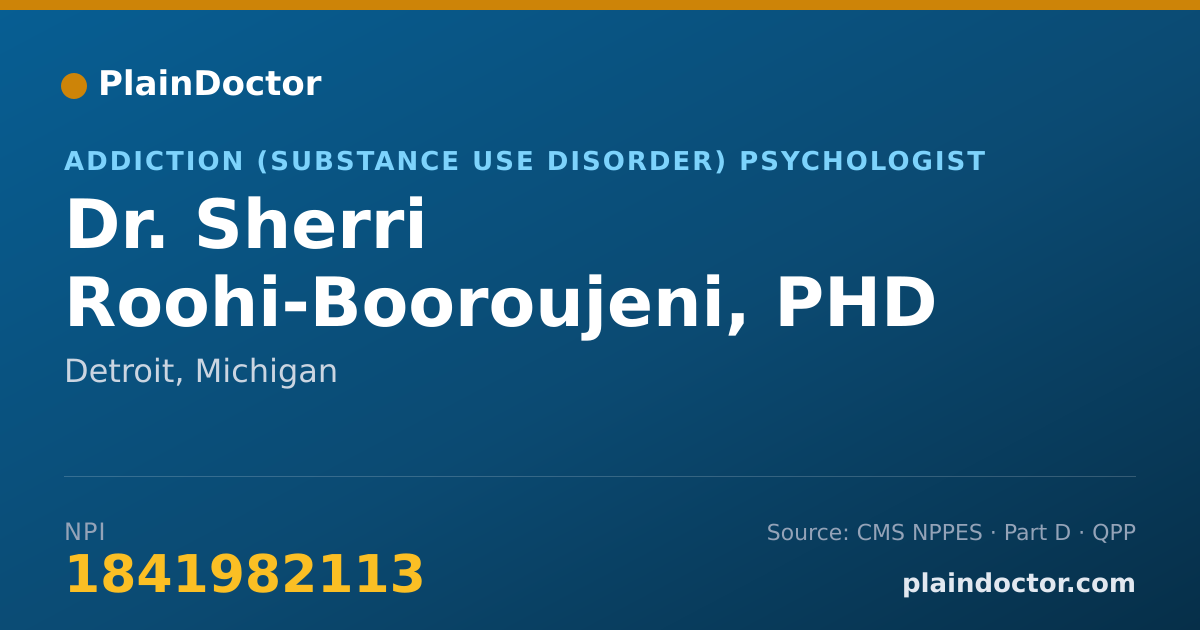 Shareable card for Sherri Roohi-Booroujeni, PHD - Addiction (Substance Use Disorder) Psychologist, Detroit, MI