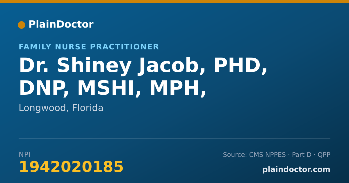 Shareable card for Shiney Jacob, PHD, DNP, MSHI, MPH, - Family Nurse Practitioner, Longwood, FL