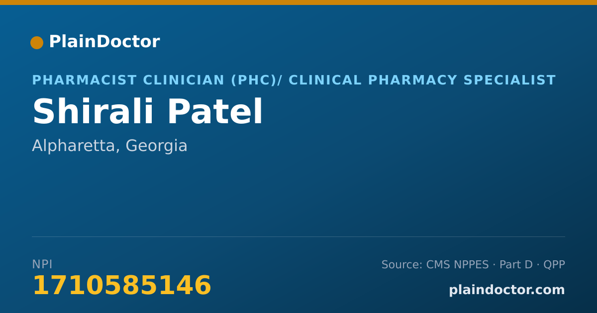 Shareable card for Shirali Patel - Pharmacist Clinician (PhC)/ Clinical Pharmacy Specialist, Alpharetta, GA