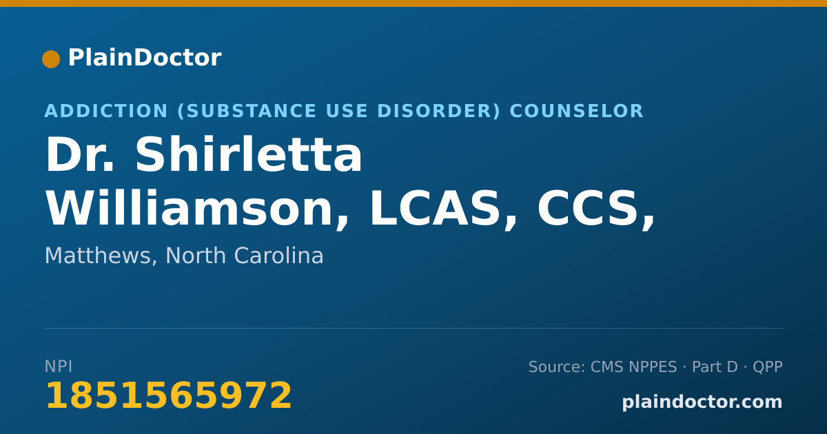 Shareable card for Shirletta Williamson, LCAS, CCS, QSAP, QMH - Addiction (Substance Use Disorder) Counselor, Matthews, NC
