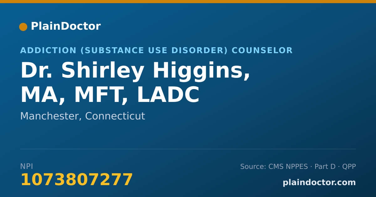 Shareable card for Shirley Higgins, MA, MFT, LADC - Addiction (Substance Use Disorder) Counselor, Manchester, CT
