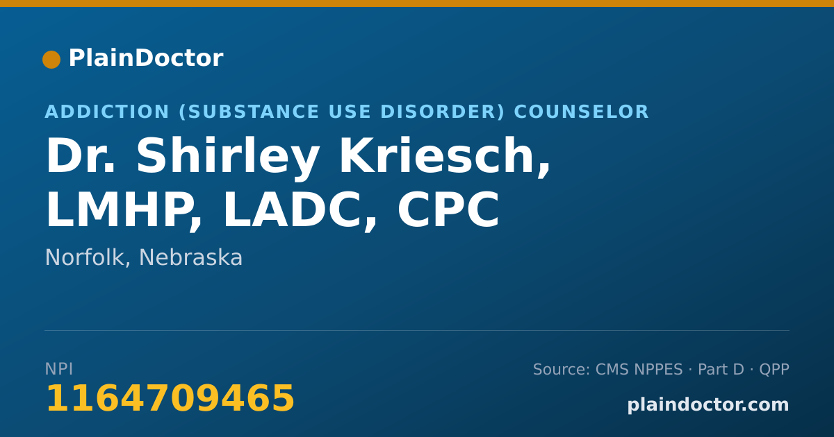 Shareable card for Shirley Kriesch, LMHP, LADC, CPC - Addiction (Substance Use Disorder) Counselor, Norfolk, NE
