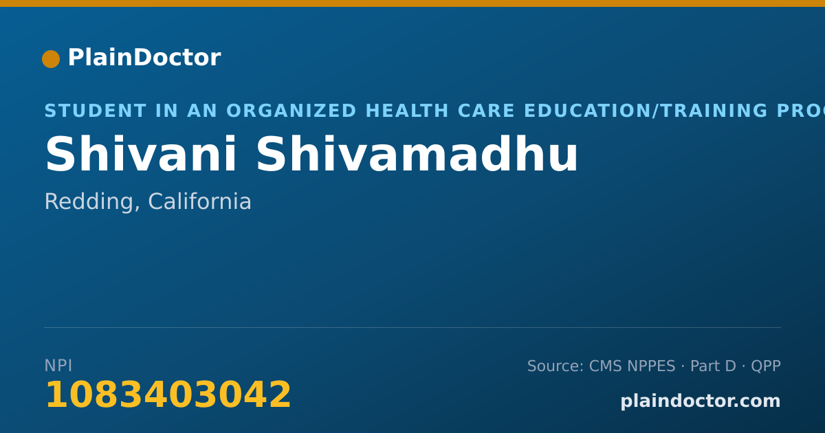 Shareable card for Shivani Shivamadhu - Student in an Organized Health Care Education/Training Program, Redding, CA